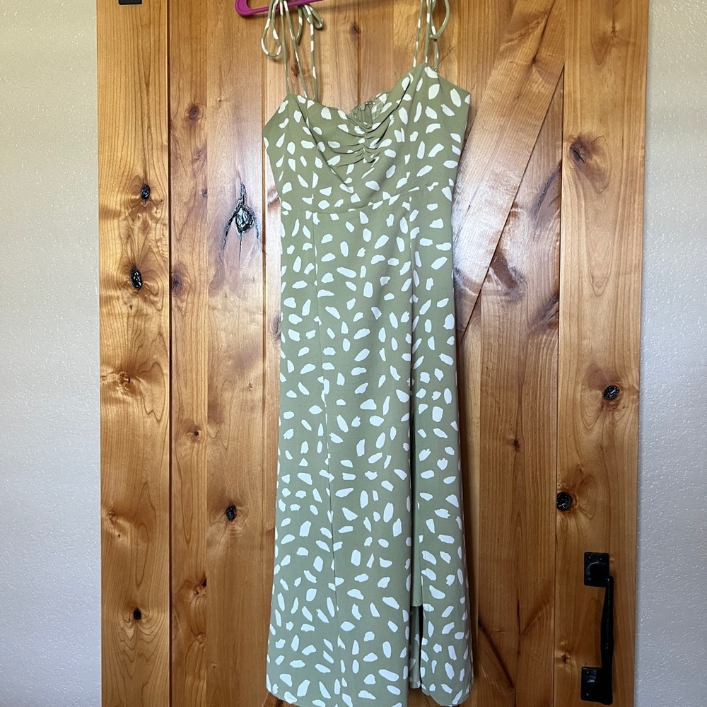 Sage Green Midi Dress with Polka Dots - Size 4